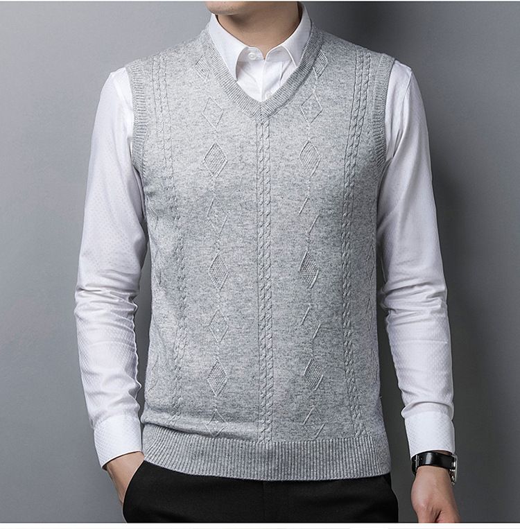 Herren-Wollweste mit V-Ausschnitt, ärmelloser Strickpullover für Papa, einfarbiger Slim-Fit-Pullover für Freizeit und Business_voghion.com