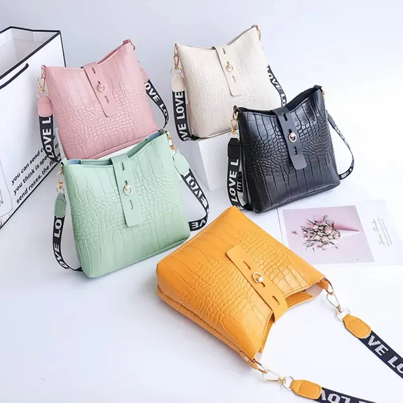Borsa a tracolla alla moda con nastro stampato, tracolla a secchiello, alta capacità, da donna, 250314l_voghion.com