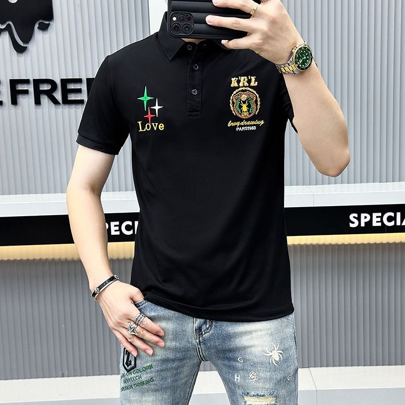 Europeisk exklusiv pikétröja för män Trendigt märke Business Casual Mångsidig broderi Trend Slim Fit Ice Silk Lapel Short_voghion.com