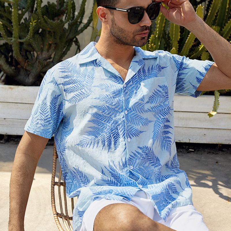 Herrenbekleidung Neue Mode Maple Leaf Revers Kurzarm Strandhemd_voghion.com