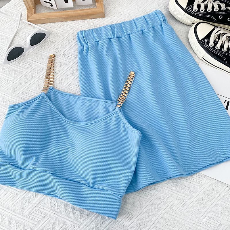 Set due pezzi con canotta corta a catena sexy da donna, gonna aderente a vita alta e gonna a vita alta_voghion.com