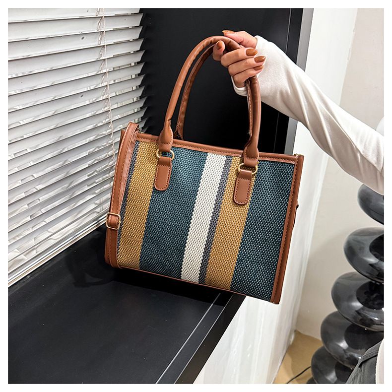 Large Capacity Handheld Tote For Women 2025 New European And American Trendy Canvas Color-Block Striped Single Shoulder_voghion.com