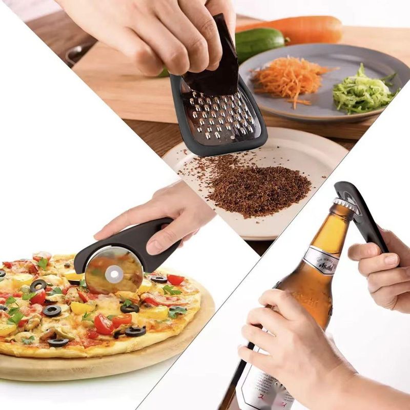 Stackable Kitchen Gadgets 6-Piece Set: Melon Peeler, Herb Cutter, Garlic Grinder, Can Opener, Cheese Grater, Pizza Knife_voghion.com