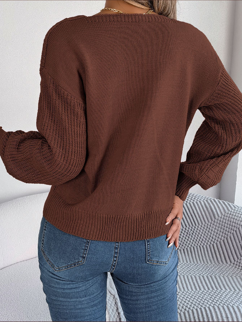 Maglione pullover casual in maglia a trecce con maniche a lanterna, scollo quadrato, tinta unita, autunno inverno 2024_voghion.com