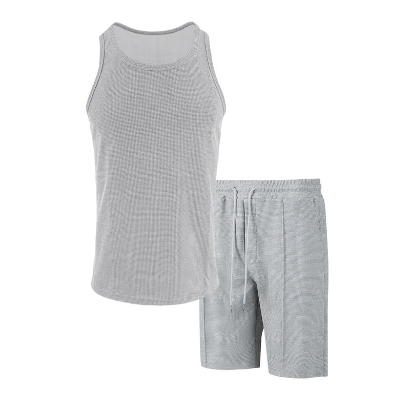 Herenkleding Nieuwe wafel effen kleur Outdoor vrijetijdskleding Ademend korte mouwen vest shorts sportpak_voghion.com