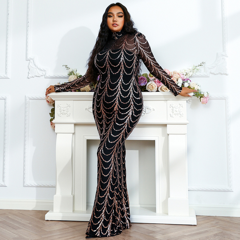 Naiste riided Suur ümmargune kaelus, pikkade varrukatega must kleit Uus seksikas läbipaistev litriga pikk kleit_voghion.com