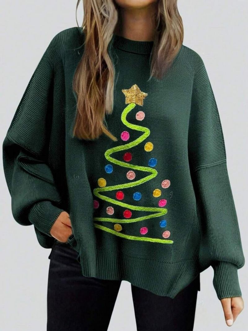 Gemütlicher Strickpullover mit Fledermausärmeln für Damen – weicher Acrylstoff, lockere Passform, seitliches Schlitzdesign, Rundhalsausschnitt, lange Ärmel, Weihnachts- und Herbstmode_voghion.com
