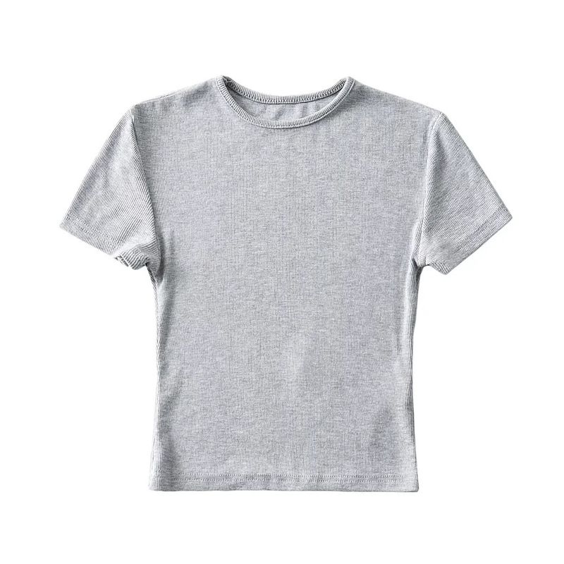 Maglietta corta da donna, vestibilità attillata, taglio con ombelico scoperto, manica corta, cotone filato, scollatura piccola elastica,_voghion.com
