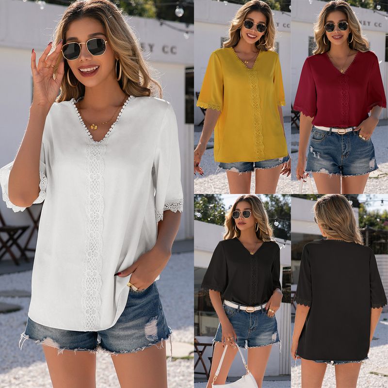 Camicia a maniche corte con scollo a V per il commercio estero tinta unita da donna_voghion.com