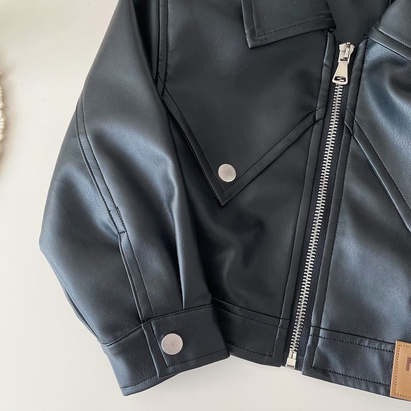 Abbigliamento per bambini Tuta in similpelle autunnale per bambine Tuta da motociclista alla moda per bambine Giacca in pelle per bambini Gonna a pieghe Tuta a due pezzi_voghion.com