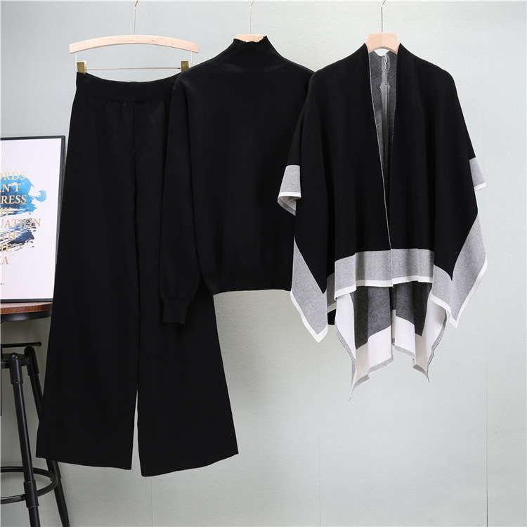 shawl knitted sweater loose wide-leg pants three-piece suit casual coat sweater suit female autumn_voghion.com