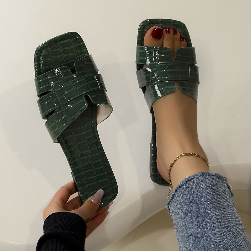 Solid Color Casual Stone Flat Slippers New Square Head Slip-on Slippers_voghion.com