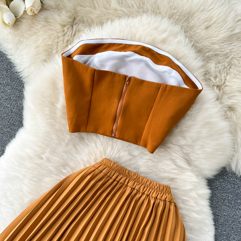 Women's Summer Contrasting Color Tube Top, Irregular Pleated Skirt, Trendy_voghion.com