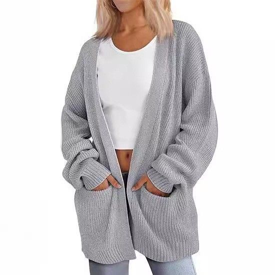 Cardigan lungo oversize da donna in maglia con tasche – Maglione aperto sul davanti con scollo a V in acrilico morbido, comodo capo da indossare a strati in autunno e inverno_voghion.com