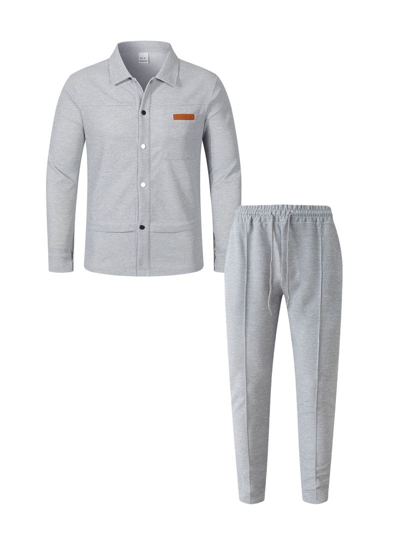 Herren-Anzugset mit langärmeligem Waffelstrickhemd und Hose – Slim Fit-Herbstoutfit mit Button-Down-Kragen und Taschen_voghion.com