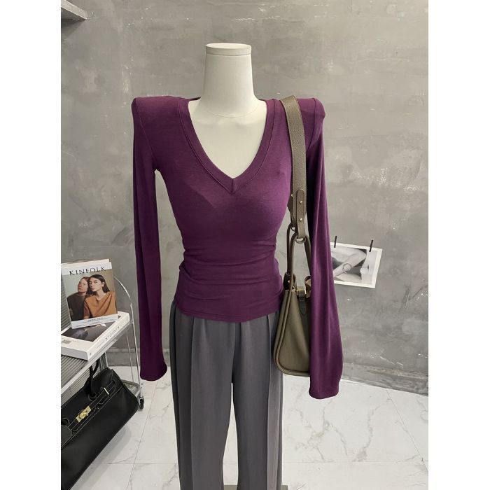 Maglietta a maniche lunghe con scollo a V, morbida e sexy, per donna, sottile e leggermente trasparente_voghion.com