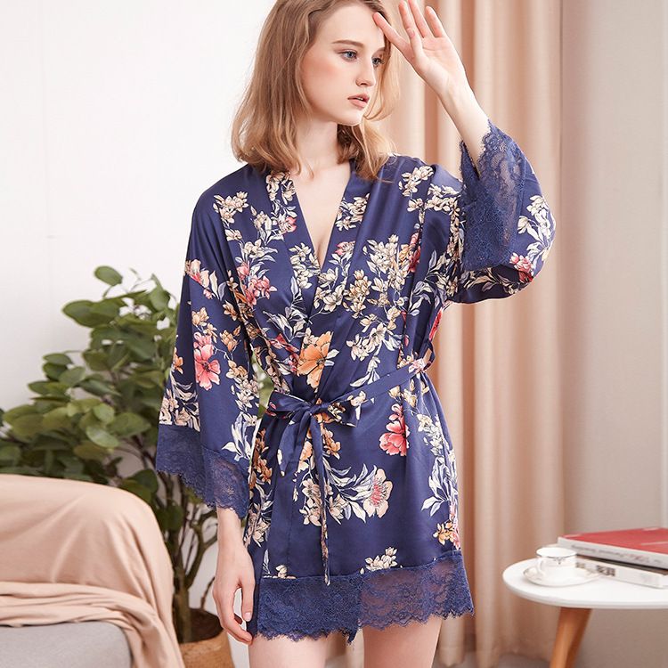 Spring And Autumn Women's Home Clothes Nightdress Silk Pajamas Printed Bathrobe_voghion.com