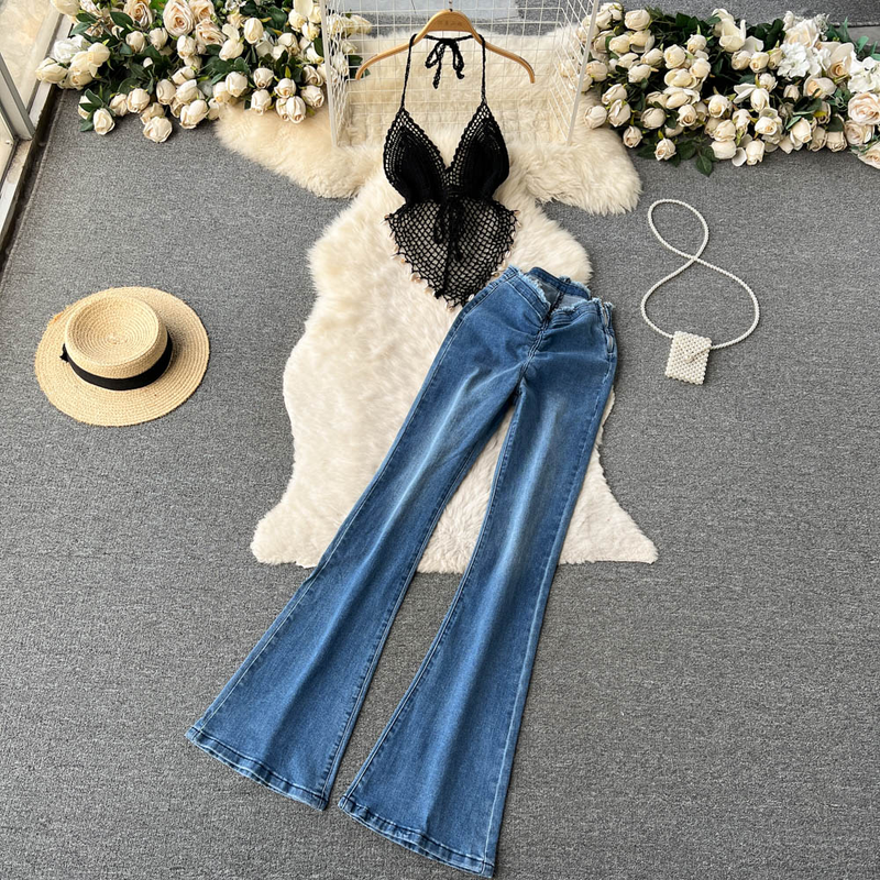 top a tubo con scollo all'americana cavo a rete irregolare + abito a due pezzi in jeans svasato a vita alta con bordo grezzo_voghion.com