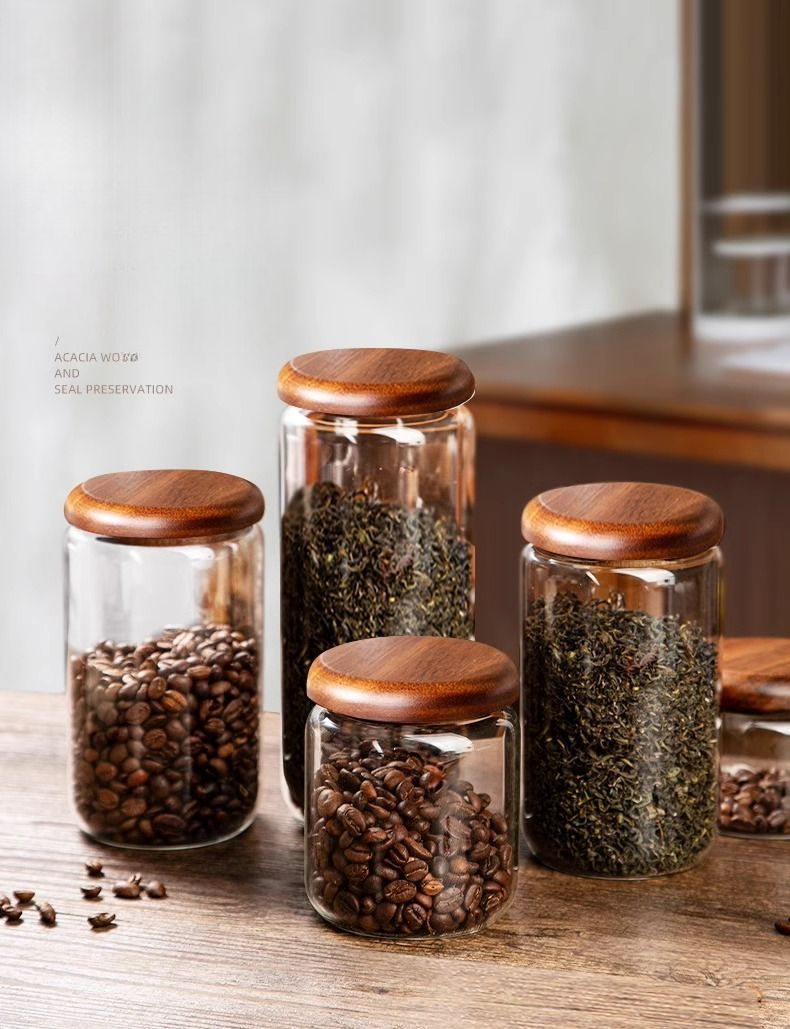 Barattolo sigillato in vetro trasparente con coperchio rotondo in stile giapponese per chicchi di caffè, polvere di tè, foglie di tè, frutta secca, erbe aromatiche_voghion.com