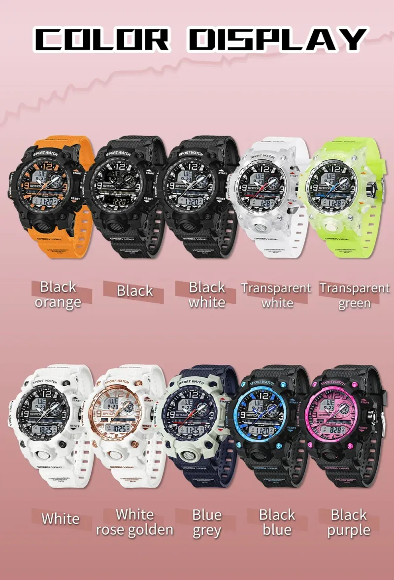 SANDA 3353 Sports Waterproof Electronic Shockproof LED Dual Display Lady Quartz Wristwatches Digital Watch For Boy Girl Children_voghion.com