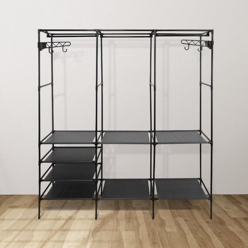 67×65×13.7 In Spacious Triple - Row Black/White Metal Clothes Rack With Drying Area - Stylish Floor - Standing Organizer For Bedroom, With Shoe & Accessory Space, Made Of Durable Plastic_voghion.com