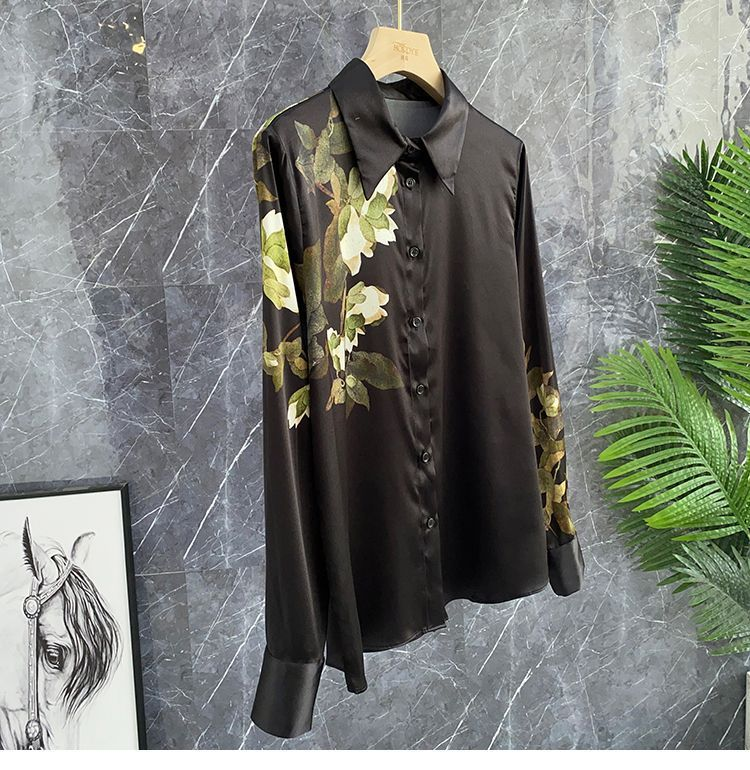 Camicia a maniche lunghe in finta seta stampata nera in stile cinese retrò da donna_voghion.com