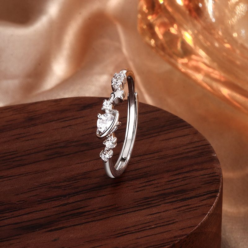 S999 Pure Silver Planet Travel Couple Ring Versatile Light Luxury Couple Ring Zircon Ring Opening Adjustable_voghion.com