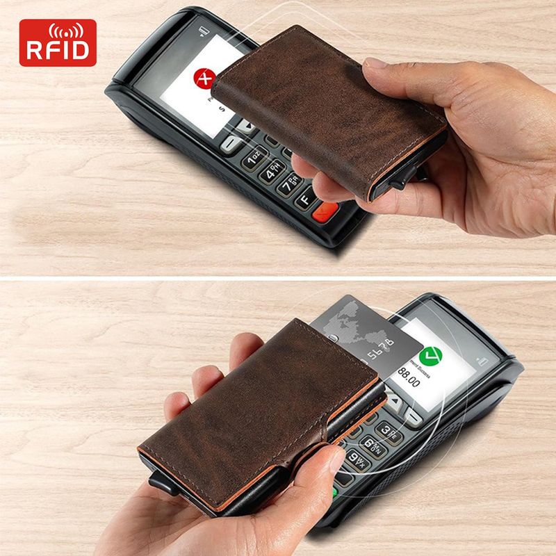 Porta carte automatico da uomo in alluminio con scatola, di alta qualità, con RFID, multi-slot, tasca porta monete con cerniera, sconto del 20%_voghion.com