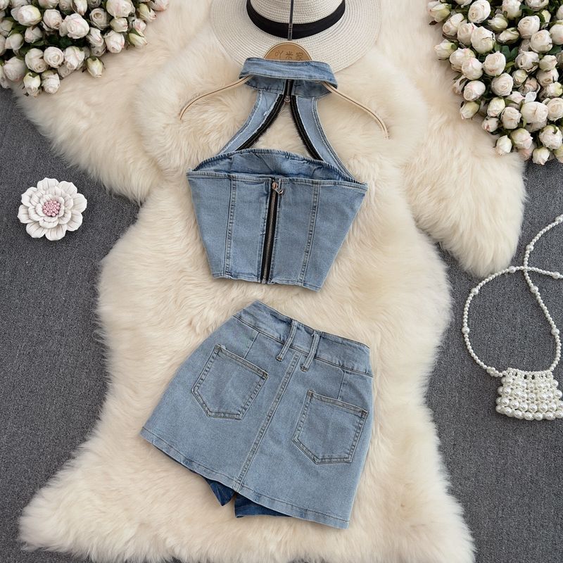 Conjunto de dos piezas de top corto y falda vaquera con cuello halter para mujer, estilo urbano, para verano_voghion.com