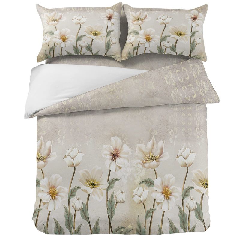 Zestaw pościeli Retro White Floral, trzyczęściowy, poszewka na kołdrę, miękki poliester, faktura frezowanego aksamitu_voghion.com