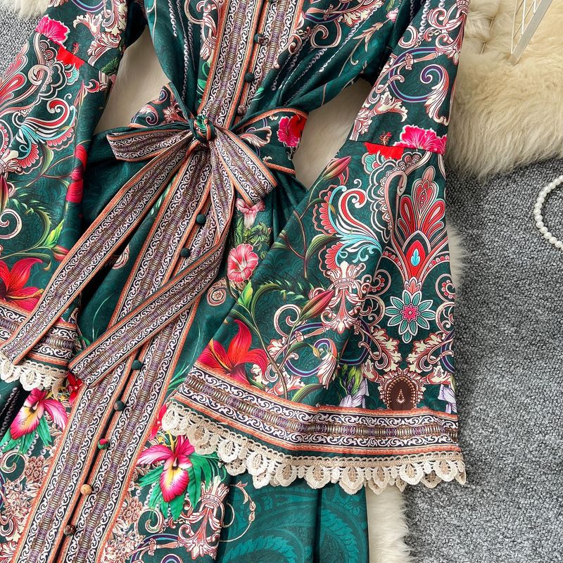 Damenbekleidung Neues High-End-Kleid mit Taille, einreihig, ausgestellte Ärmel, langer Spitzenrock_voghion.com
