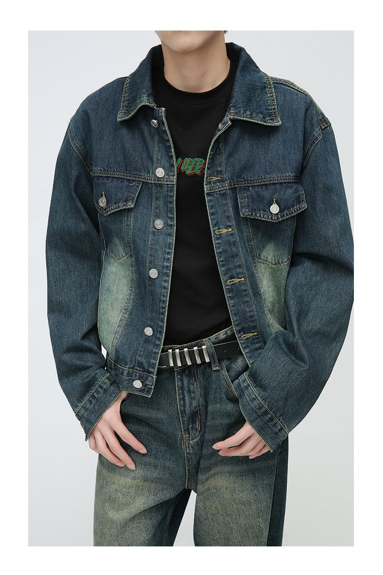 Herretøj | Nye varer Retro Distressed Denimjakke med lige jeanssæt_voghion.com