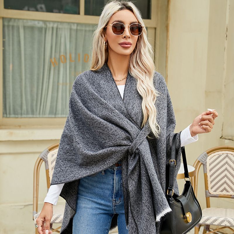 TIANXI Châle élégant pour femme, doux, ouvert sur le devant, poncho, cape pour automne et hiver, couleur unie, écharpe à pompons, châles, cape Bufanda XB0006_voghion.com