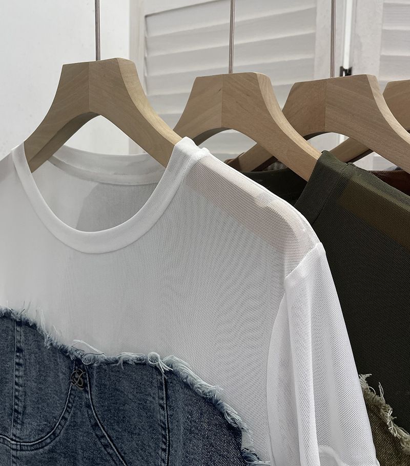 Damenbekleidung Real Shot Denim Splicing Mesh Kurzarm-T-Shirt Sommer Modisches unregelmäßiges kurzes Slim Fit-Oberteil mit hoher Taille_voghion.com