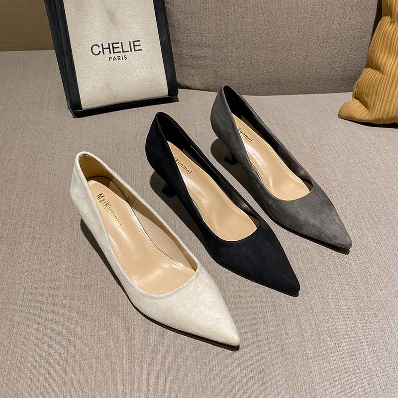 Tacchi professionali per il 2024, nuove scarpe singole versatili autunnali piccole e medie in velluto da donna con tacco a spillo e punta a punta_voghion.com
