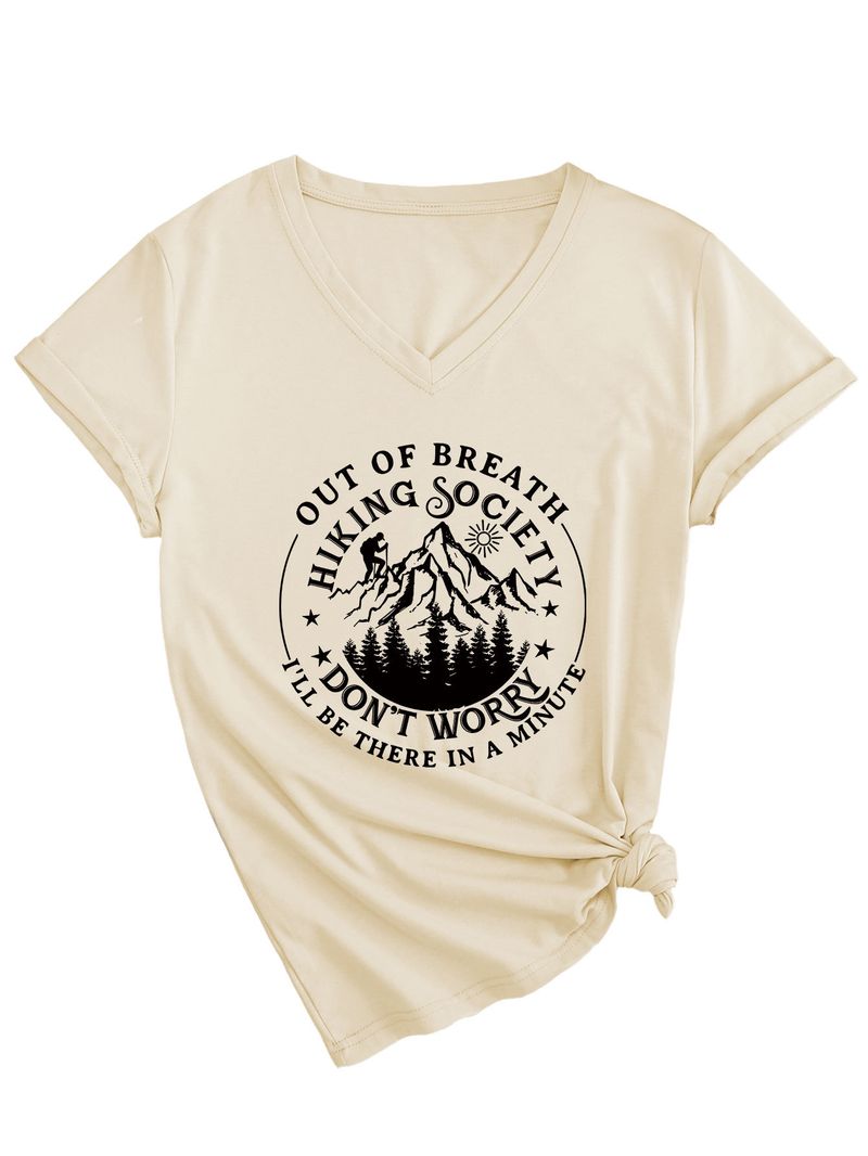 Sommar V-ringad Ny Slim Fit Out Of Breath Hiking Society Mångsidig Kortärmad T-shirt För Dam_voghion.com