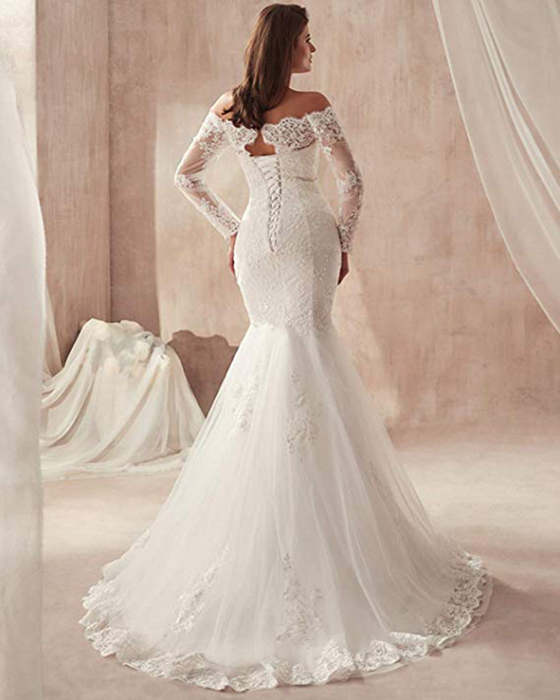 Neues, schulterfreies, großes Retro-Spitze-Langarm-Meerjungfrau-Brautkleid_voghion.com