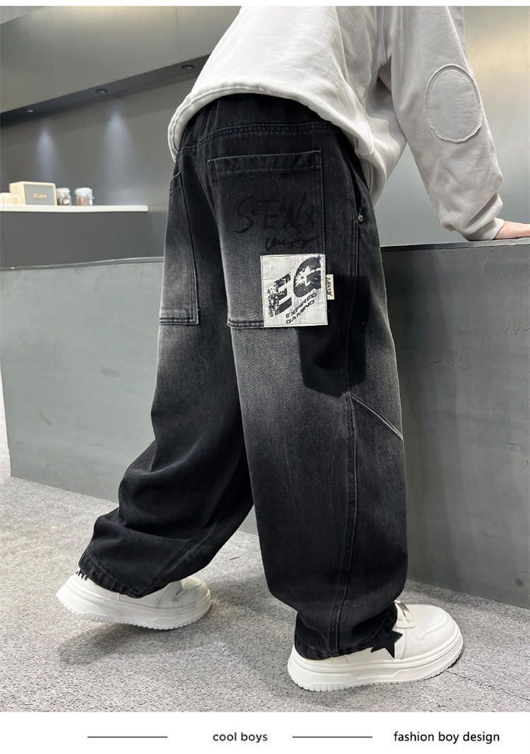 Jeans elasticizzati e comodi per bambini - Pantaloni in denim di cotone morbido per bambini, elastico in vita alta, stile casual alla moda (120-170 cm, nero)_voghion.com