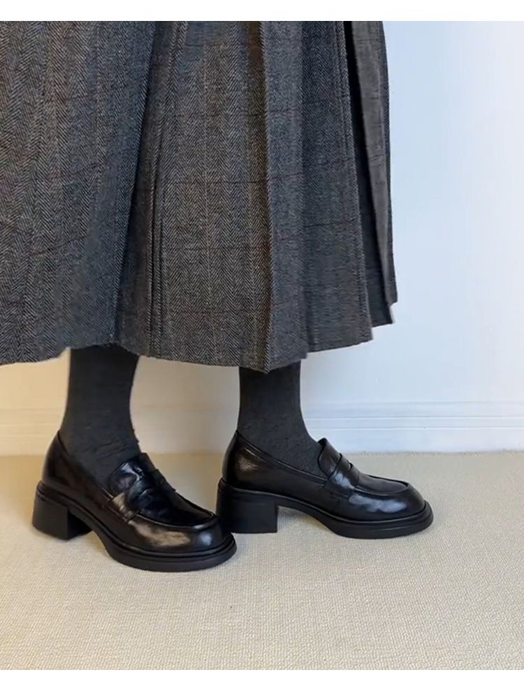 Cowhide Version~ New Chunky Heel Loafers For Women Slip-On Round Toe Single Genuine Commuting Lazy Small Leather Shoes_voghion.com