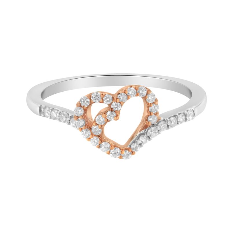 10K Rose Gold over .925 Sterling Silver 1/5 Cttw Diamond Two Tone Open Heart Promise or Fashion Ring (I-J Color, I2-I3 Clarity)_voghion.com