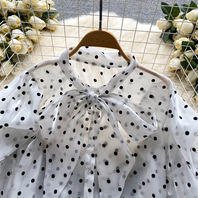 Women's puff sleeve tie bow polka dot shirt thin see-through loose slimming temperament chiffon shirt_voghion.com