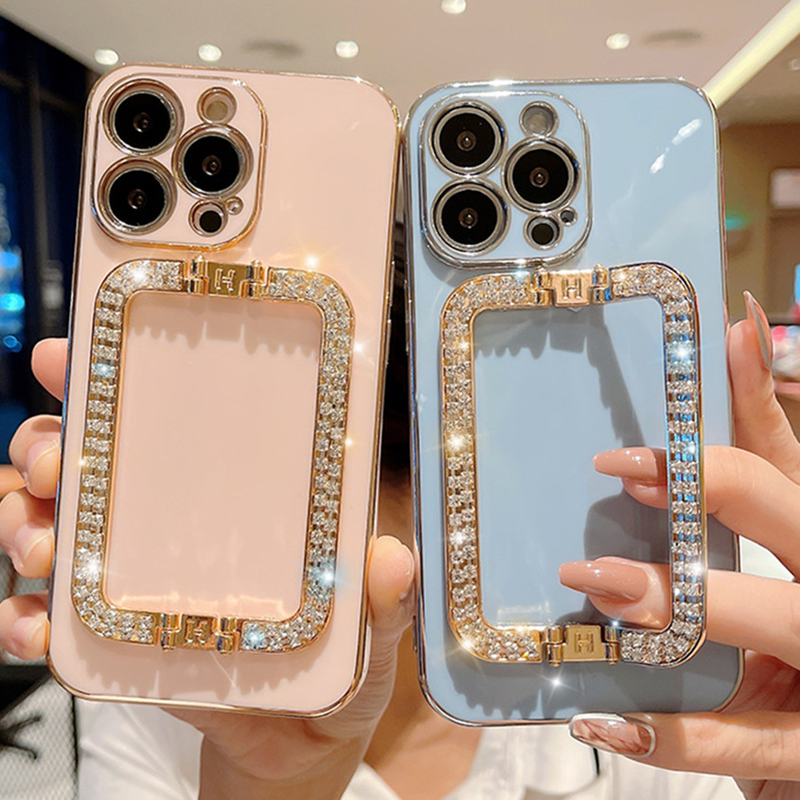 Custodia per placcatura con staffa da polso in metallo con strass di lusso per iPhone 11 12 13 Pro Max Mini XS XR X 8 7 Plus SE 2 SIlicon_voghion.com