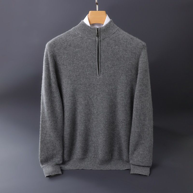 Thickened Cashmere Sweater Men's Cashmere Semi-turtleneck Zipper Sweater Youth Business Casual Top_voghion.com