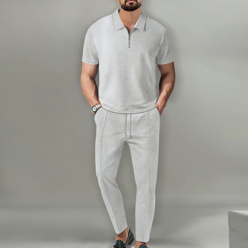 Ensemble 2 pièces pour homme, couleur unie, printemps-automne 2025, col gaufré, manches courtes, pantalon à fermeture éclair_voghion.com