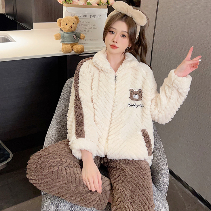 Long haired cut flower pajamas for women in winter 2023, sweet zipper cardigan, long sleeved pants, plus size 230_voghion.com