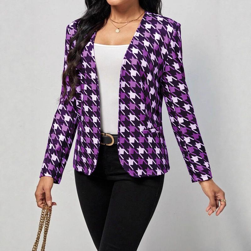 Giacca blazer piccola con tasca stampata casual da donna, autunno e inverno 2023_voghion.com