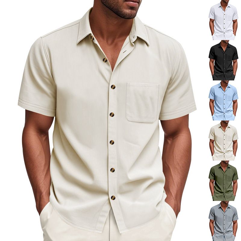 Summer Men's Woven Lapel Solid Color Large Size Casual Simple Business Short Sleeved Shirt Men_voghion.com