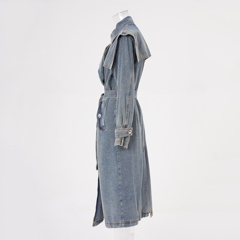 Damen-Jeans-Trenchcoat – Mittellange blaue Jacke mit taillenbetontem Revers (S/M/L/XL)_voghion.com