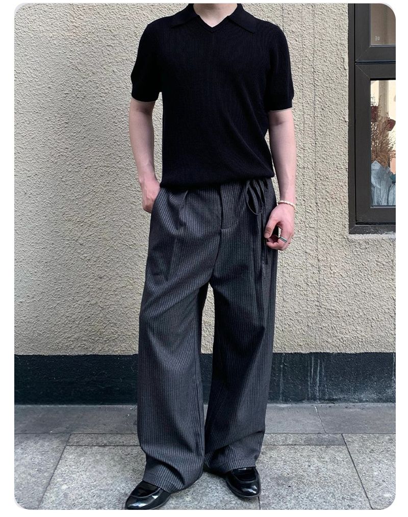 Gestreifte Hose mit Schleifenmuster – A-Linien-Bürohose aus TR-Mischgewebe mit doppelten Bundfalten (Dunkelgrau)_voghion.com