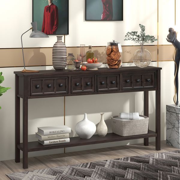 Rustic Entryway Console Table,60' Long Sofa Table With Two Different Size Drawers And Bottom Shelf For Storage_voghion.com